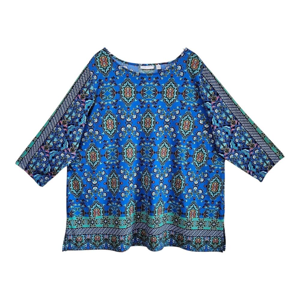 SUSAN GRAVER Women's Petite Plus 2XP Tunic Top Floral 3/4 Sleeve Liquid Knit 50"